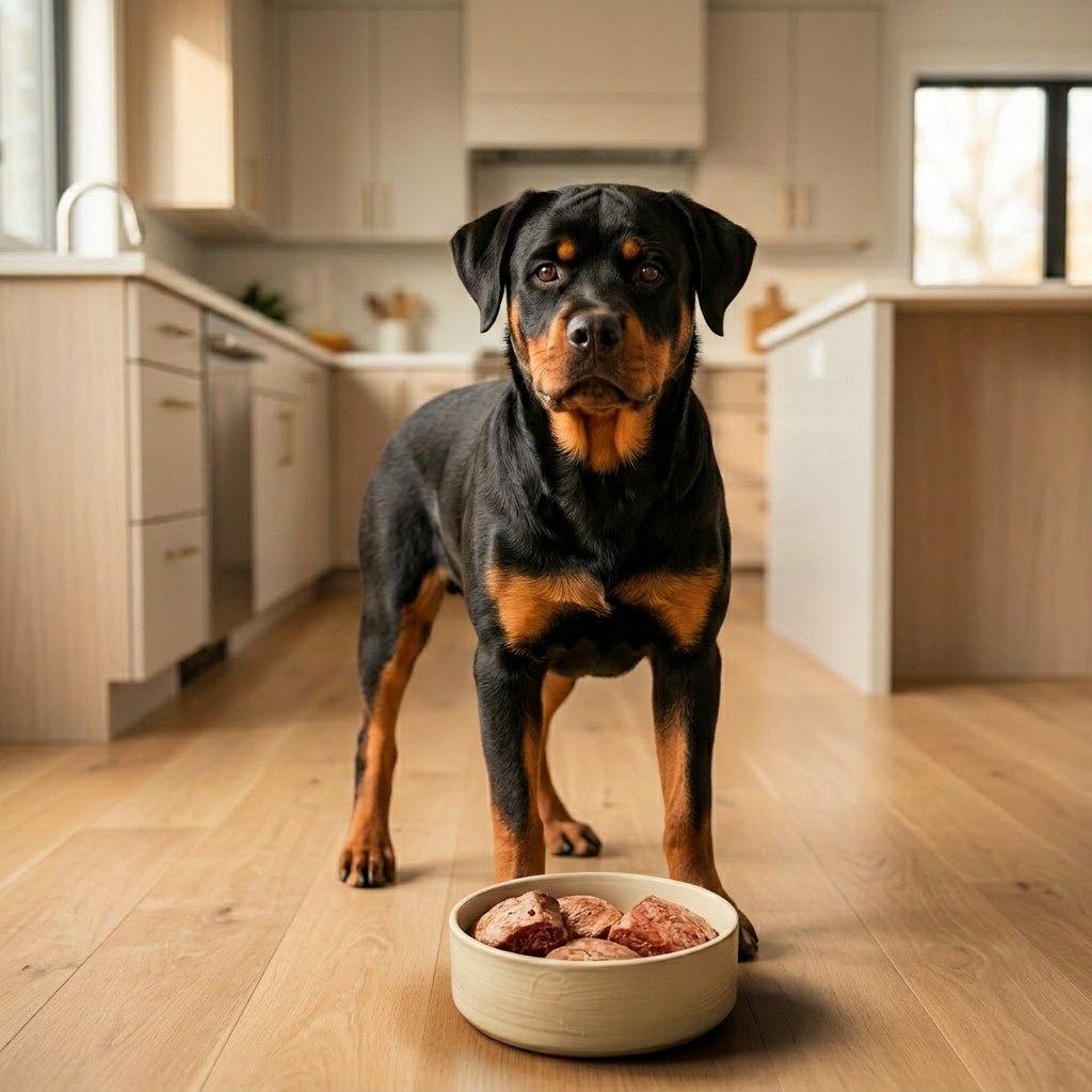 Rottweiler standing in a kitchen with a bowl of raw meat on the floor