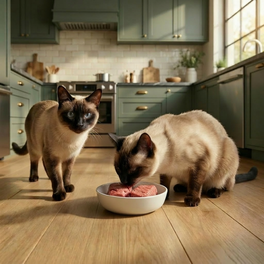 Two Siamese cats eating from a bowl in a kitchen