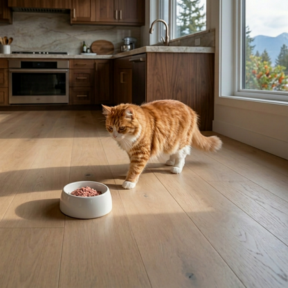 Tabby cat standing on a wooden floor next to a white bowl with food in a kitchen.