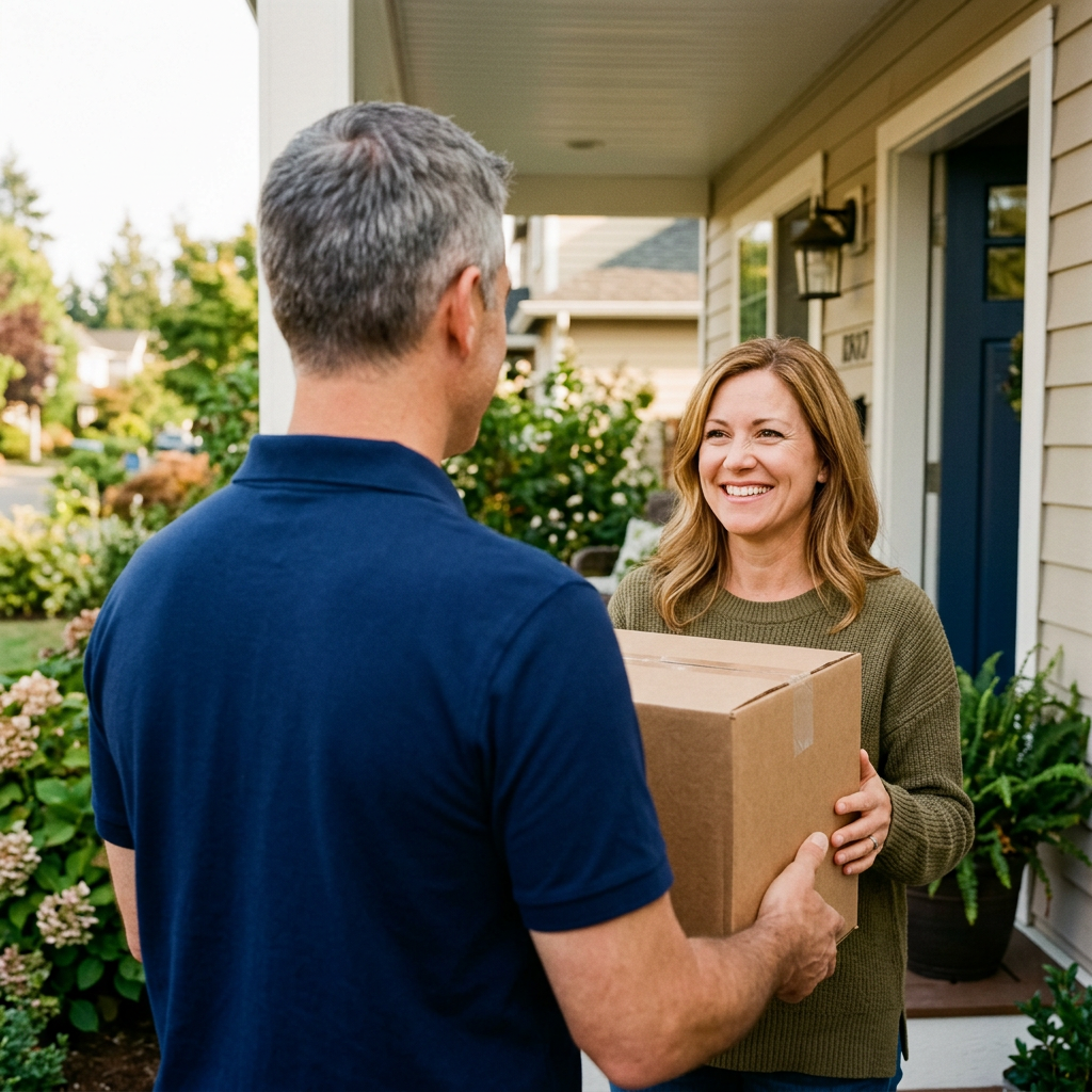 Man delivering a raw pet food box to a woman standing on a porch.
