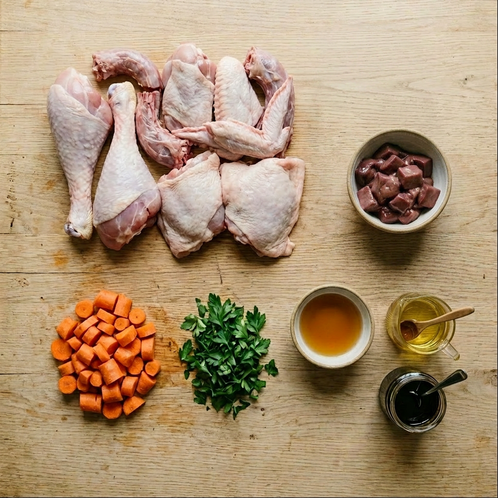 Raw turkey pieces, bowl of beef liver, vegetables, and seasonings on a wooden surface