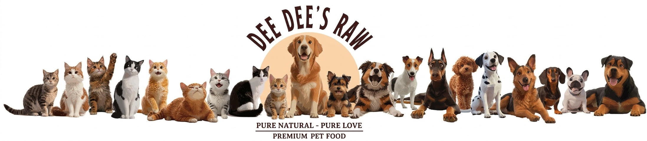 Group of cats and dogs sitting together with 'Dee Dee's Raw' logo above them.