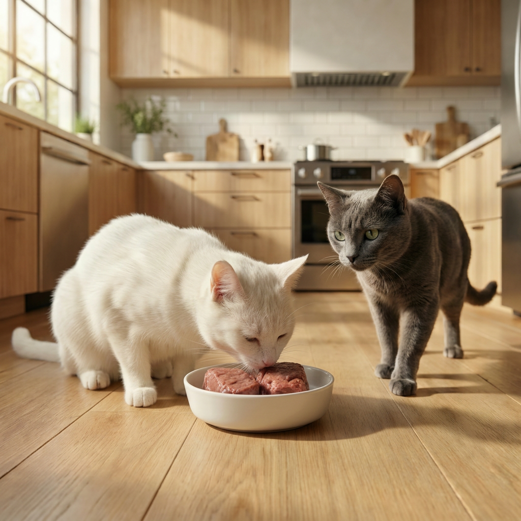Two cats in a kitchen, white cat eating from a bowl and the Russian blue cat looking on.