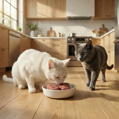 Two cats in a kitchen, white cat eating from a bowl and the Russian blue cat looking on.