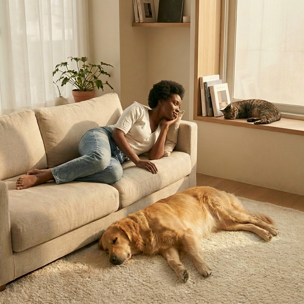 Woman lying on a couch with a dog lying on the floor and cat sleeping on window sill in a cozy living room.