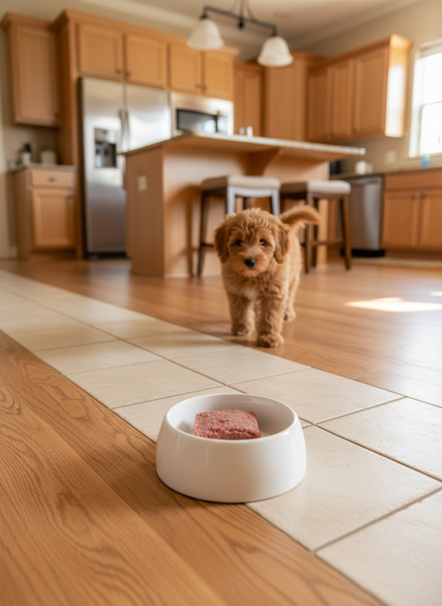 Bowl on kitchen floor with small dog approaching