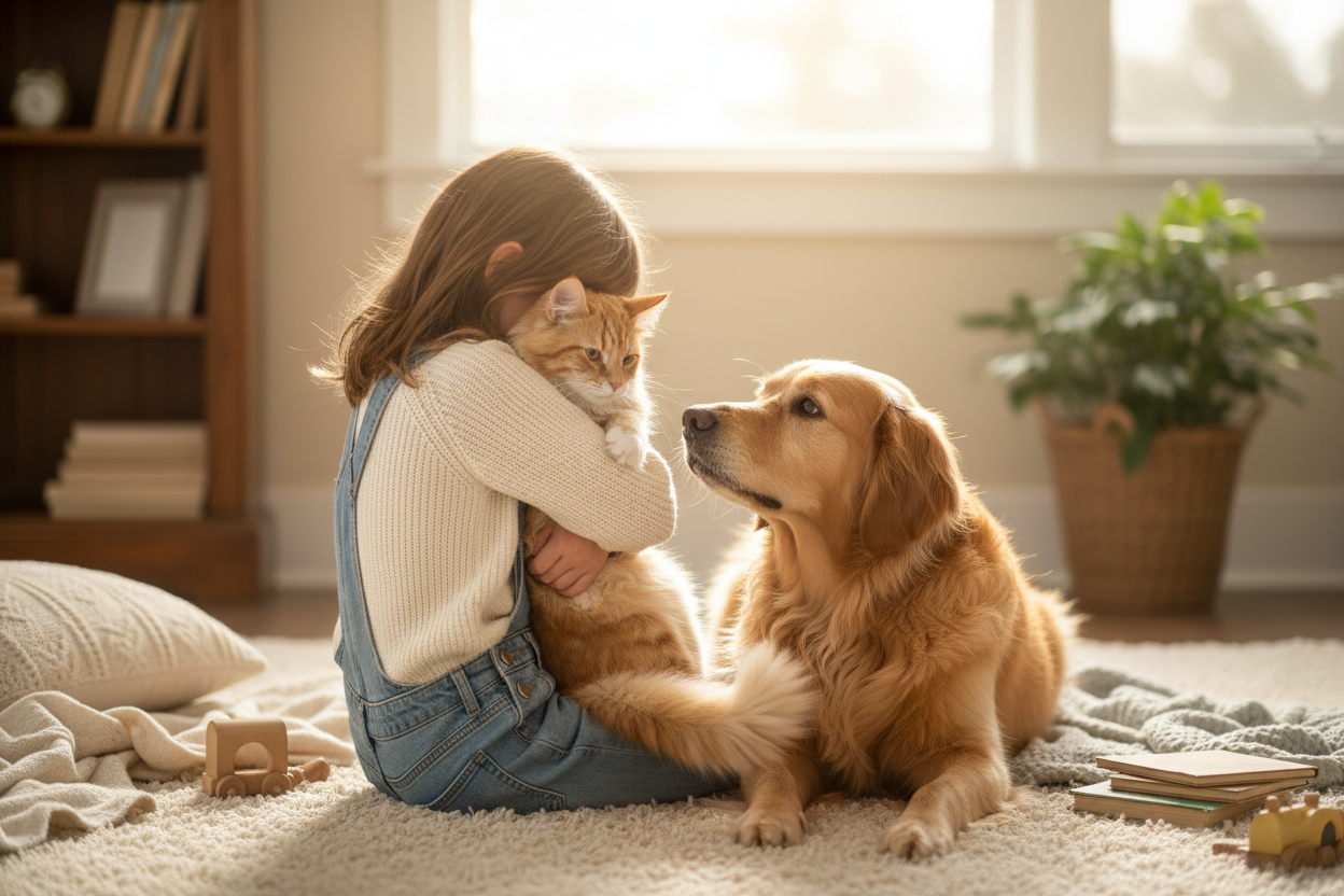 Girl hugging dog and cat without showing face