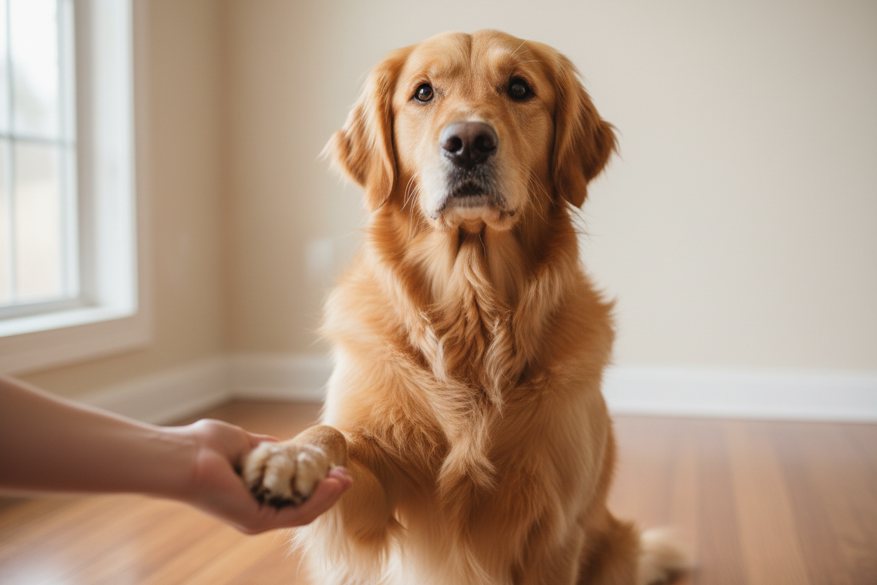 Larger dog offering paw with trusting expression