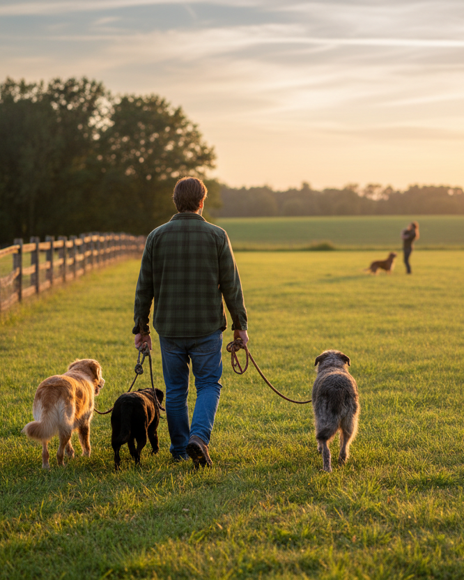 Man walking with three dogs in field